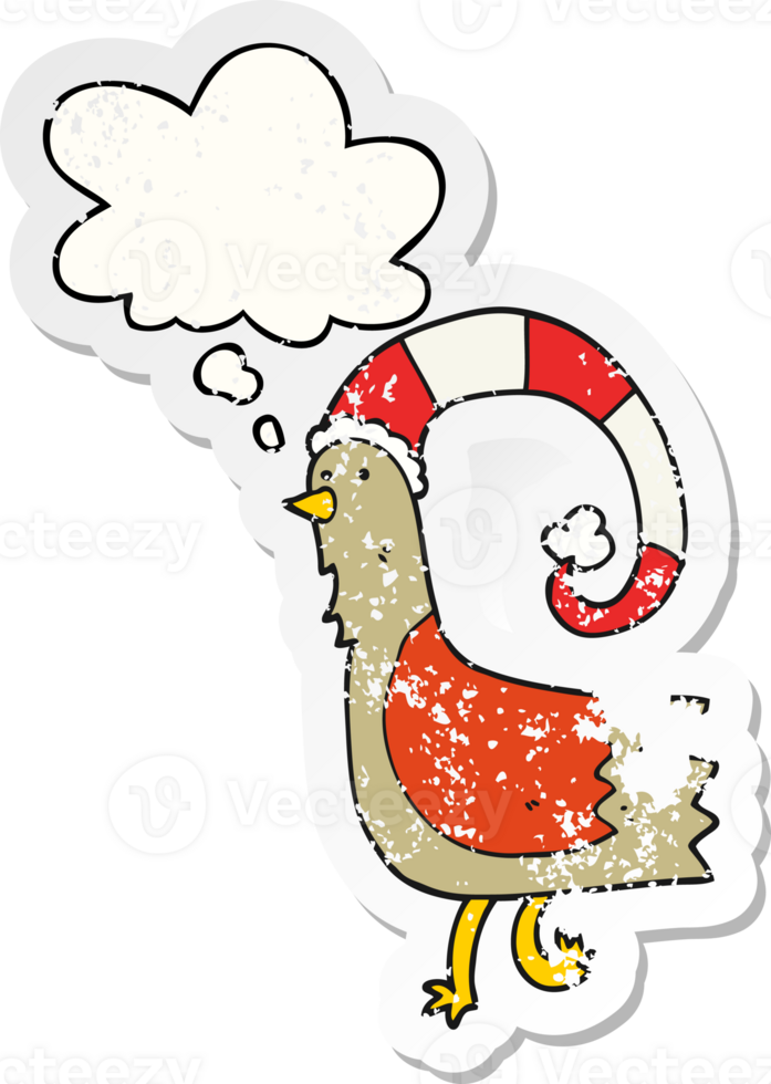 cartoon chicken in funny christmas hat with thought bubble as a distressed worn sticker png