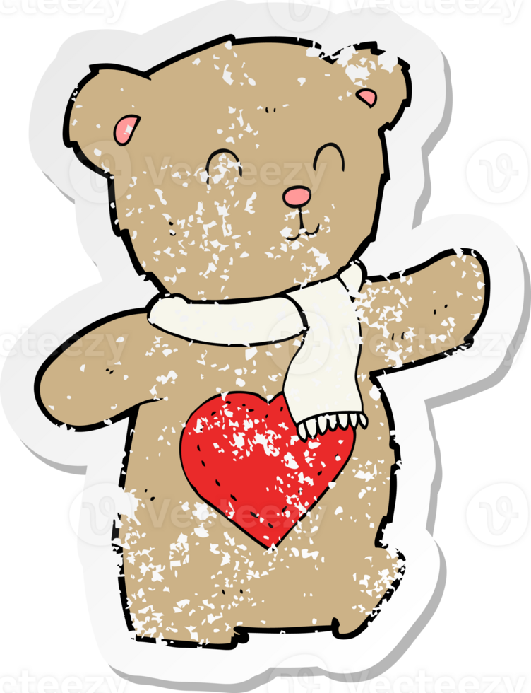 retro distressed sticker of a cartoon teddy bear with love heart png