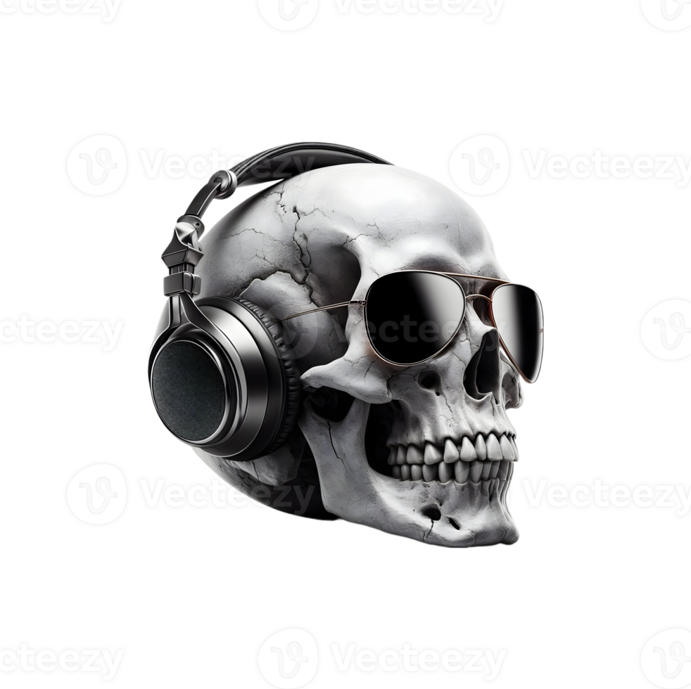 AI generated Skull head with big headphones and round sunglasses on transparent background. png