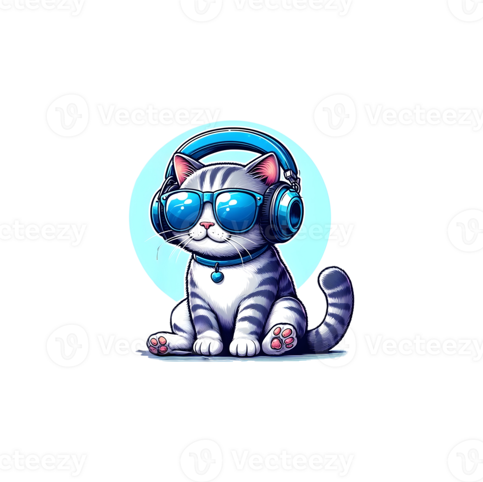 AI generated Cute cat wearing blue headphone and sunglass enjoying music on transparent background. png