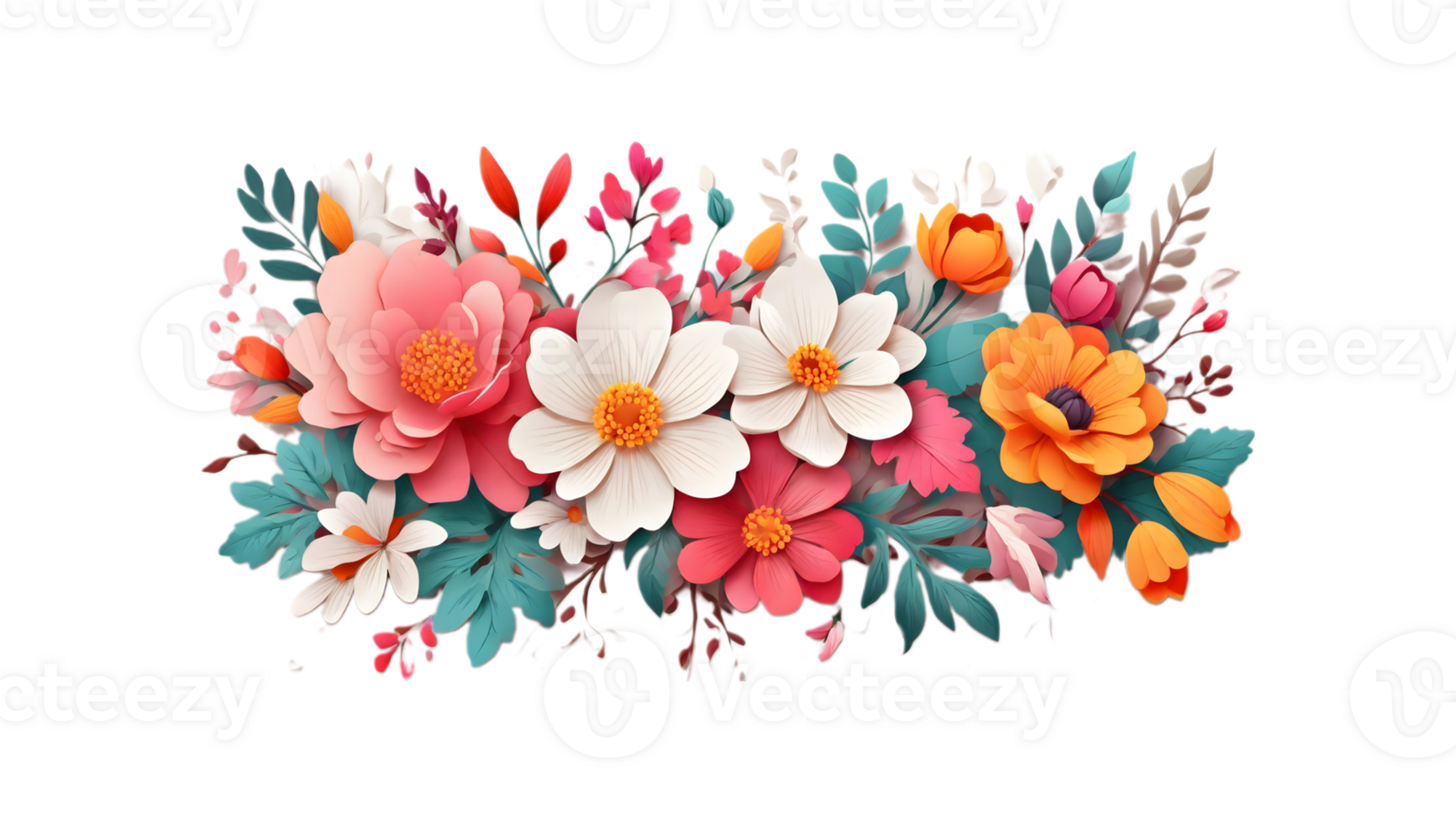 AI generated Floral background decorated with pretty colorful blooming flowers and leaves border. Spring botanical illustration on transparent background. png