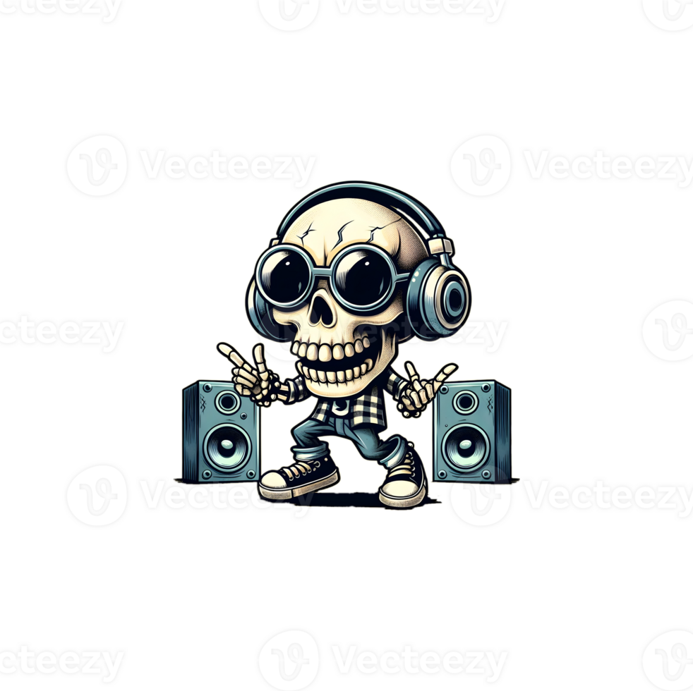 AI generated Skull with big headphones and round sunglasses. The skull dancing and singing along to some hip hop music. png