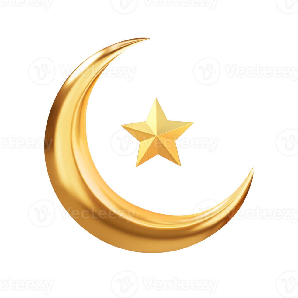 3d rendering golden crescent moon with star png