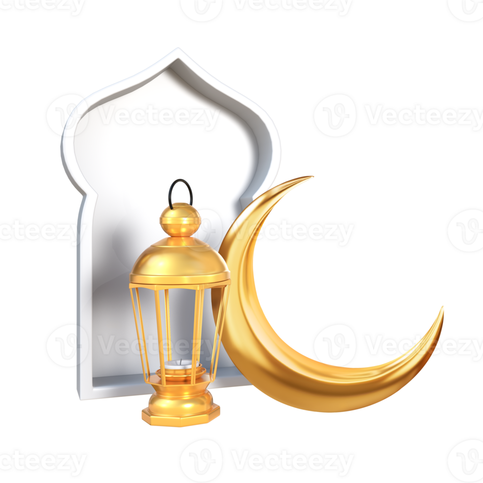 3d rendering golden lantern and crescent moon with Islam decoration png