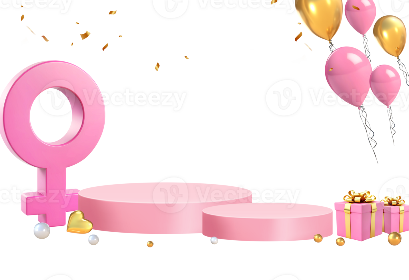3D Rendering Women's Day Podium Stage For Product Placement With Pink Golden Gifts, Balloons And Female Symbol png