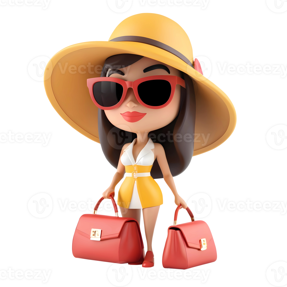 AI generated 3D Rendering Female Cartoon Character With Handbags And Wearing Sunglasses png