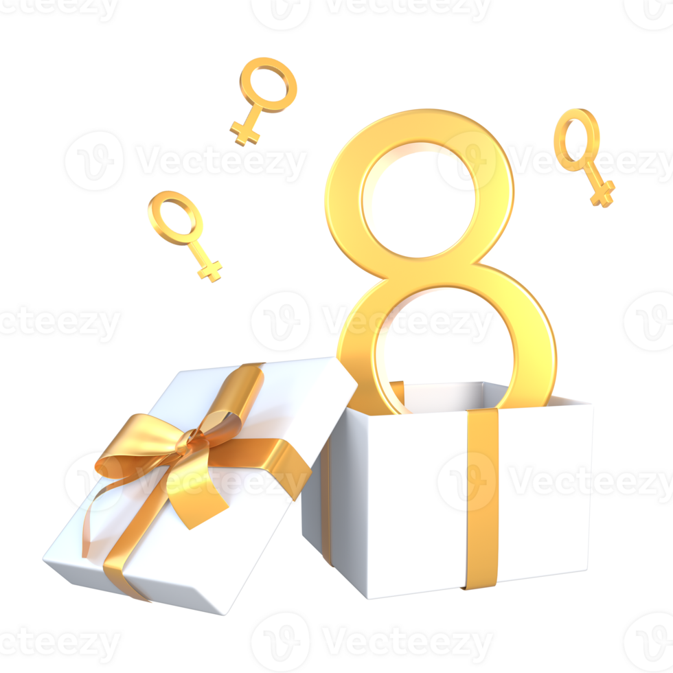 3D Rendering Open Gift With Golden Number Eight With Female Symbols For Women's Day png