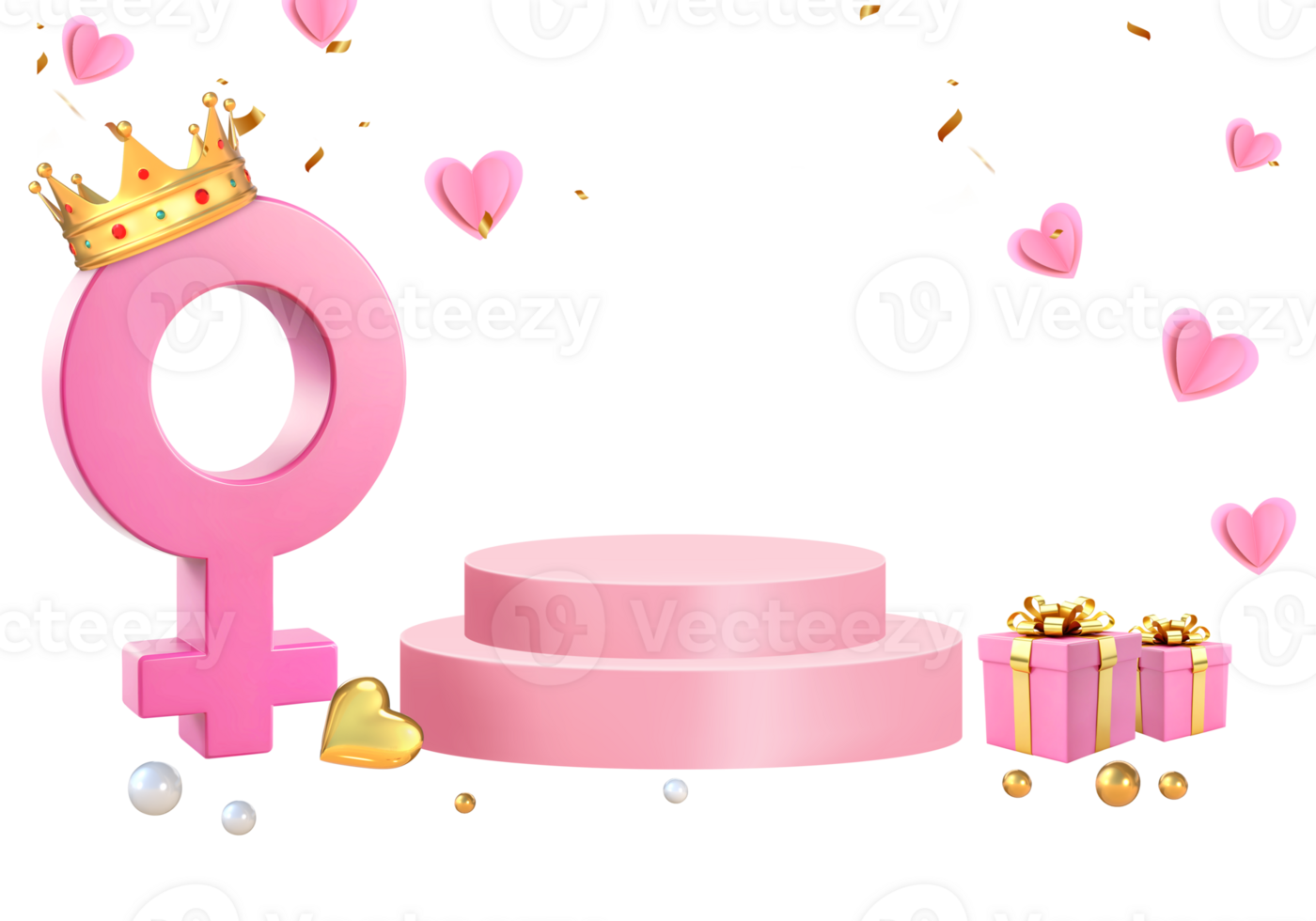 3D Rendering Women's Day Podium Stage For Product Placement With Pink Golden Gifts And Female Symbol Wearing Crown png