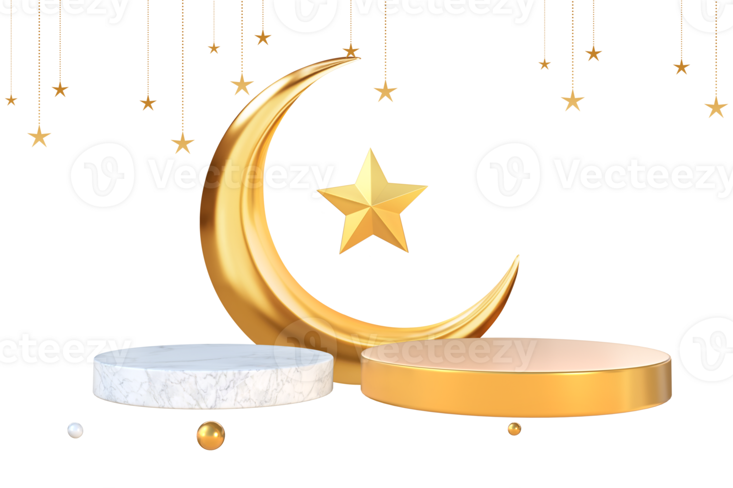 3d rendering golden crescent moon with Islamic decoration podiums for product placement png