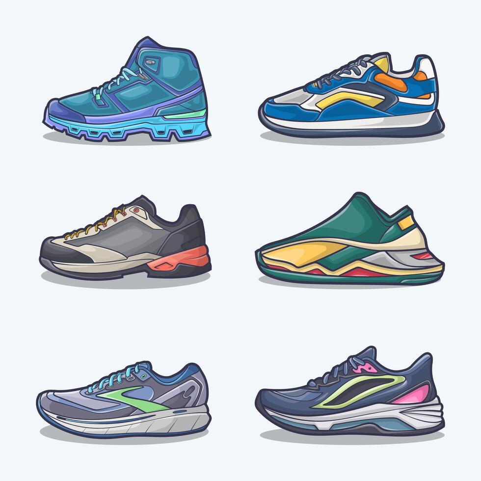 Set collection of shoe cartoon icon, Vector Concept Flat design. Vector illustration Sneakers in flat style. vector sneaker shoes side view.