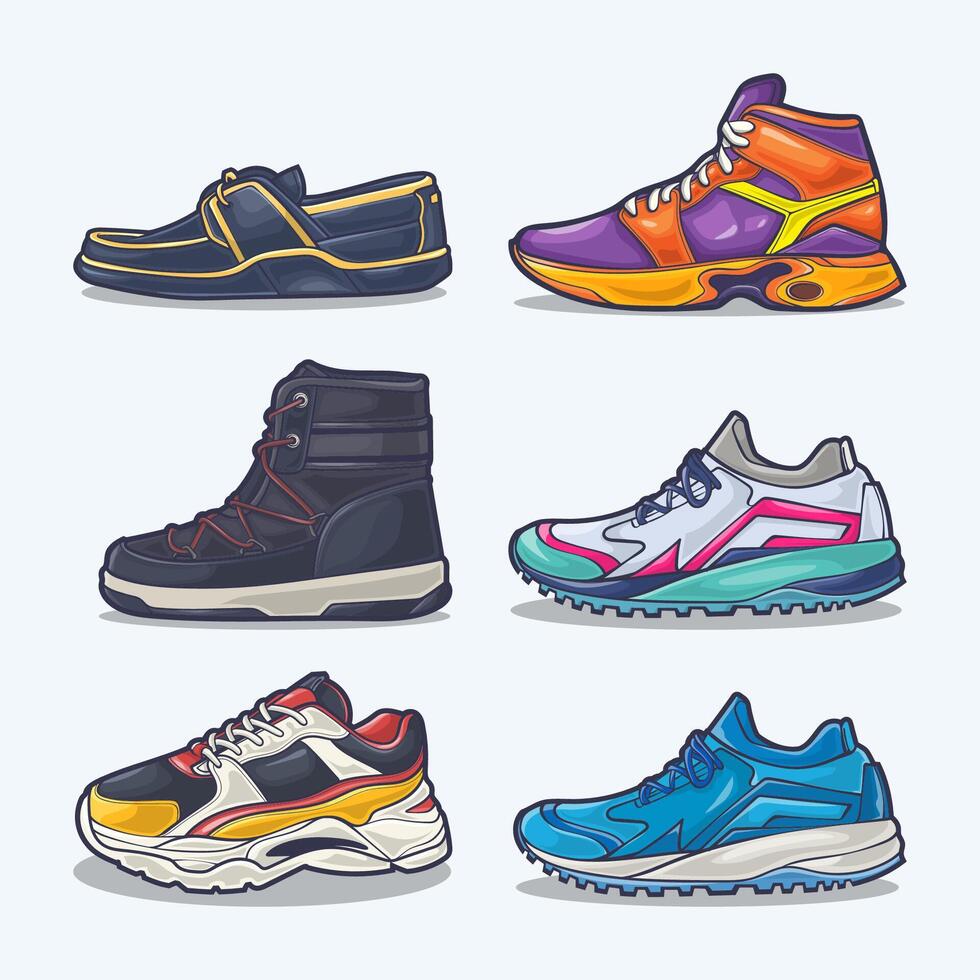 conjunto colección de zapato dibujos animados icono, vector concepto plano diseño. vector ilustración zapatillas en plano estilo. vector zapatilla de deporte Zapatos lado vista.