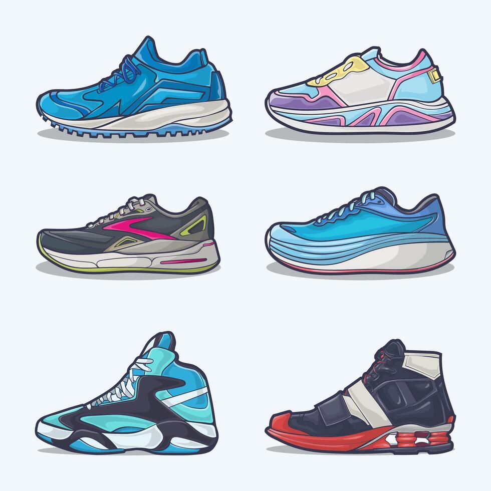 Set collection of shoe cartoon icon, Vector Concept Flat design. Vector illustration Sneakers in flat style. vector sneaker shoes side view.