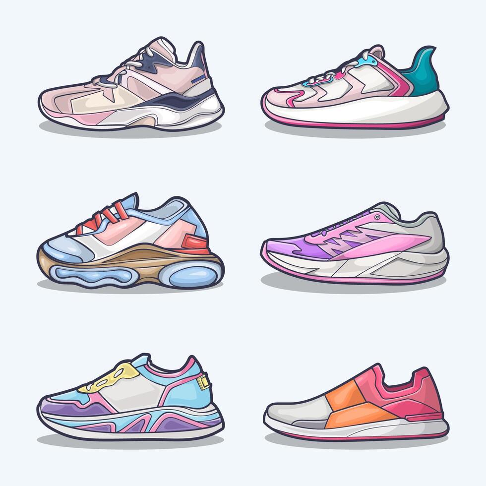 conjunto colección de zapato dibujos animados icono, vector concepto plano diseño. vector ilustración zapatillas en plano estilo. vector zapatilla de deporte Zapatos lado vista.