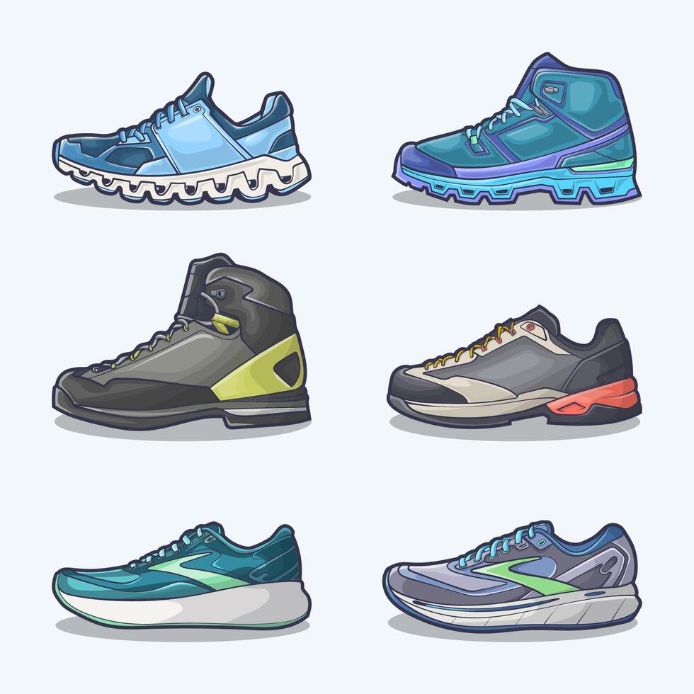 conjunto colección de zapato dibujos animados icono, vector concepto plano diseño. vector ilustración zapatillas en plano estilo. vector zapatilla de deporte Zapatos lado vista.