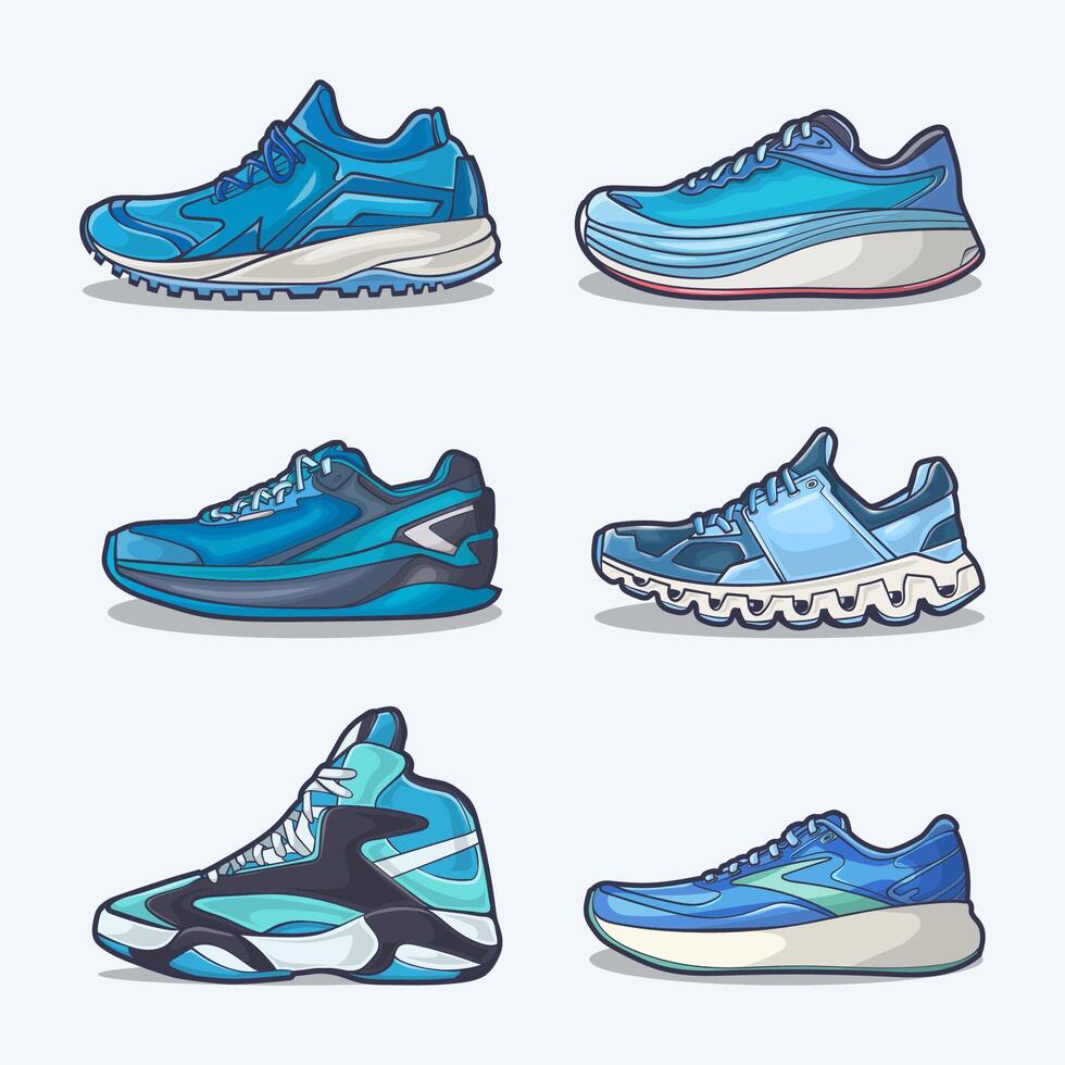 conjunto colección de zapato dibujos animados icono, vector concepto plano diseño. vector ilustración zapatillas en plano estilo. vector zapatilla de deporte Zapatos lado vista.