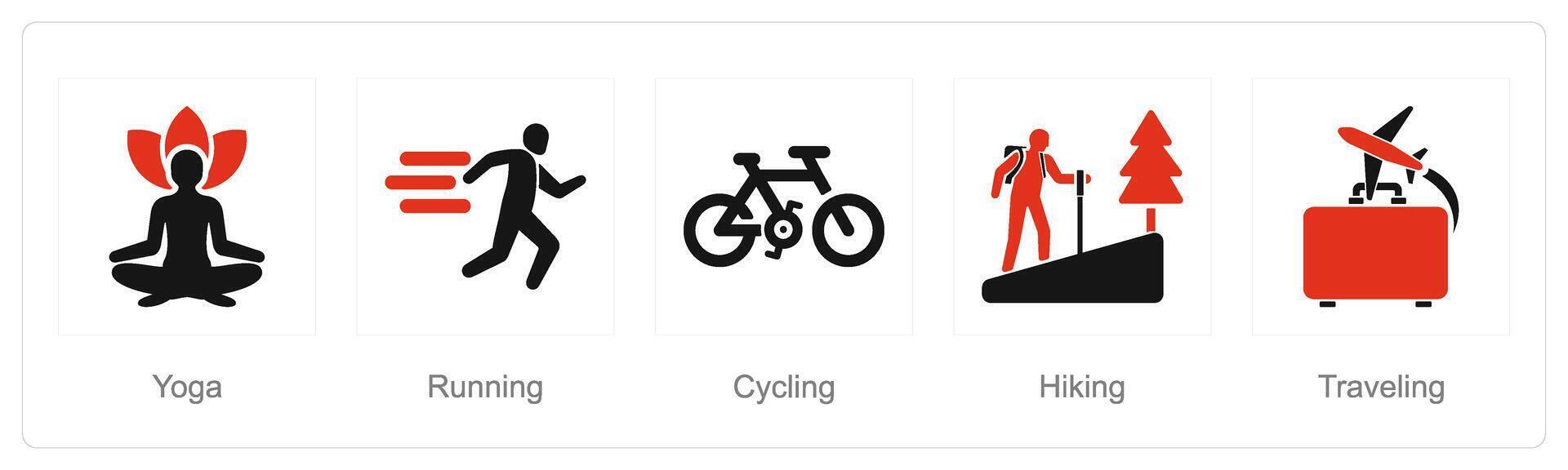 un conjunto de 5 5 pasatiempo íconos como yoga, correr, ciclismo vector