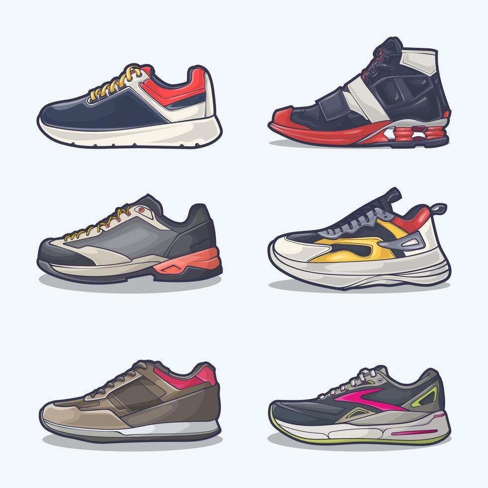 Set collection of shoe cartoon icon, Vector Concept Flat design. Vector illustration Sneakers in flat style. vector sneaker shoes side view.