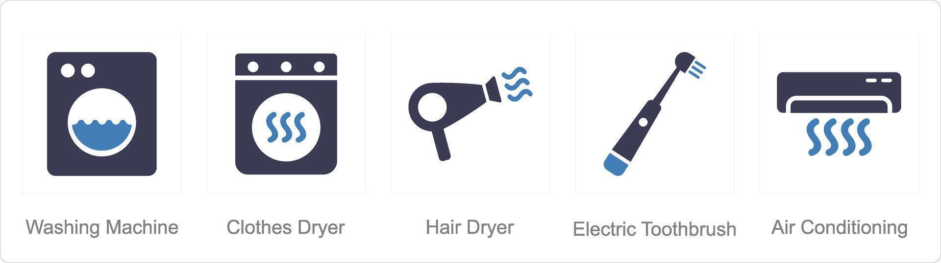 A set of 5 Home Appliance icons as washing machine, clothes dryer, hair dryer vector