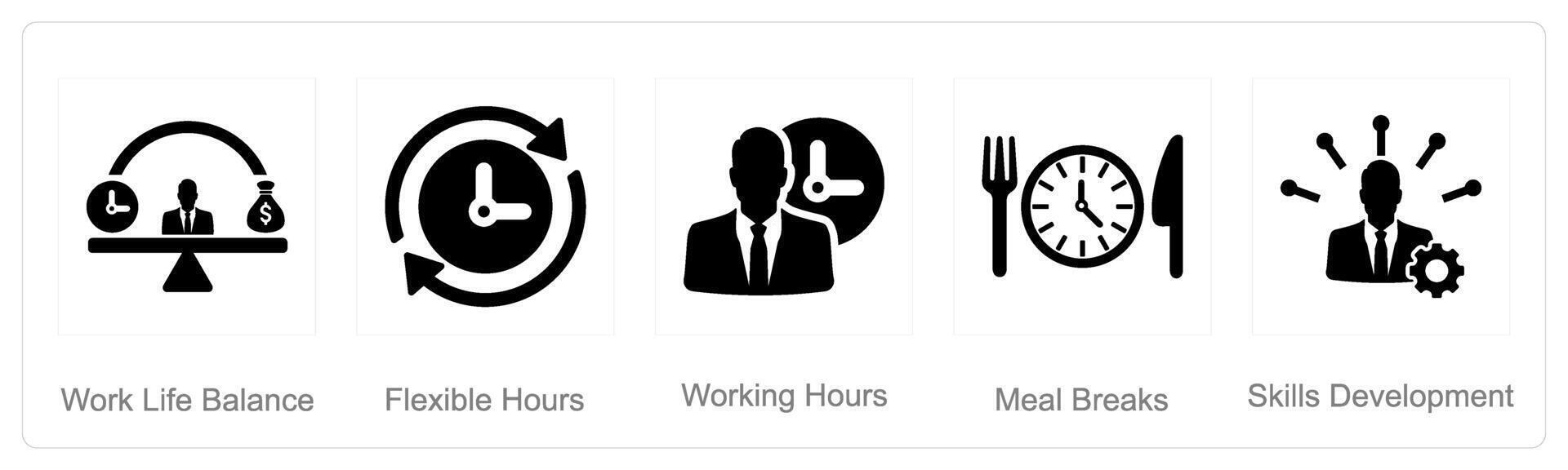 A set of 5 Employee Benefits icons as work life balance, flexible hours, working hours vector