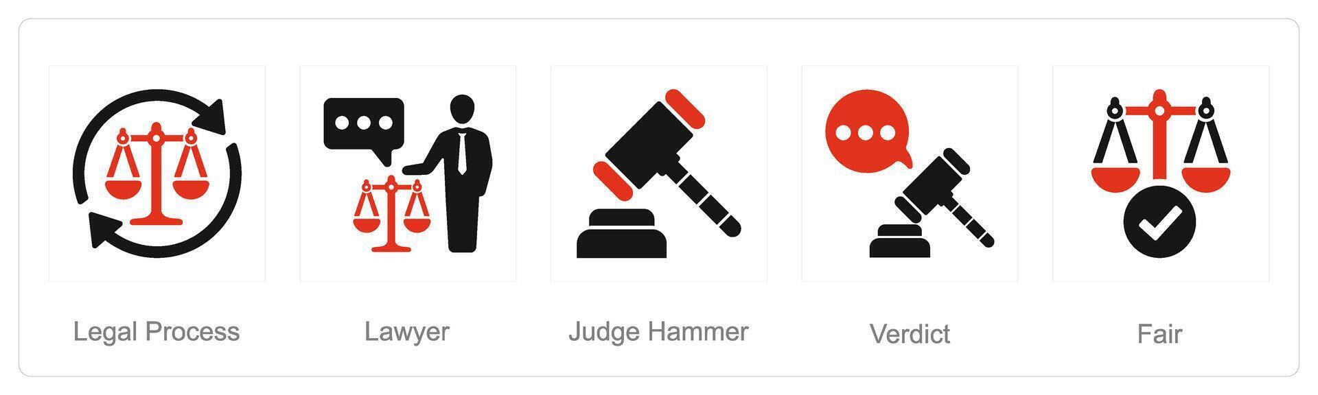 A set of 5 Justice icons as legal process, lawyer, judge hammer vector