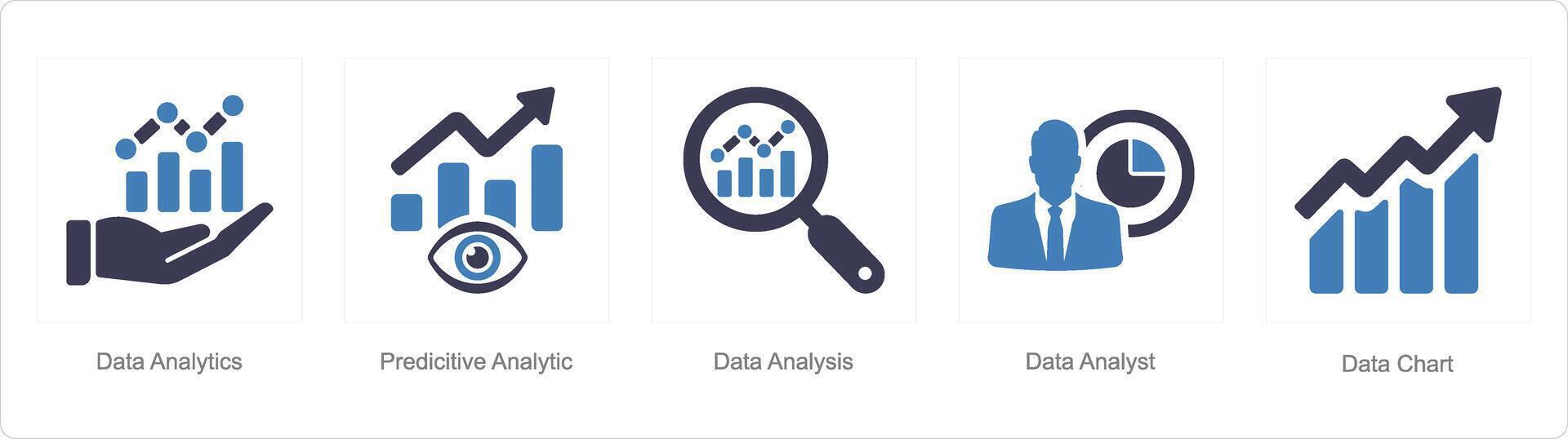 A set of 5 Data analysis icons as data analytics, predictive analytics, data analysis vector