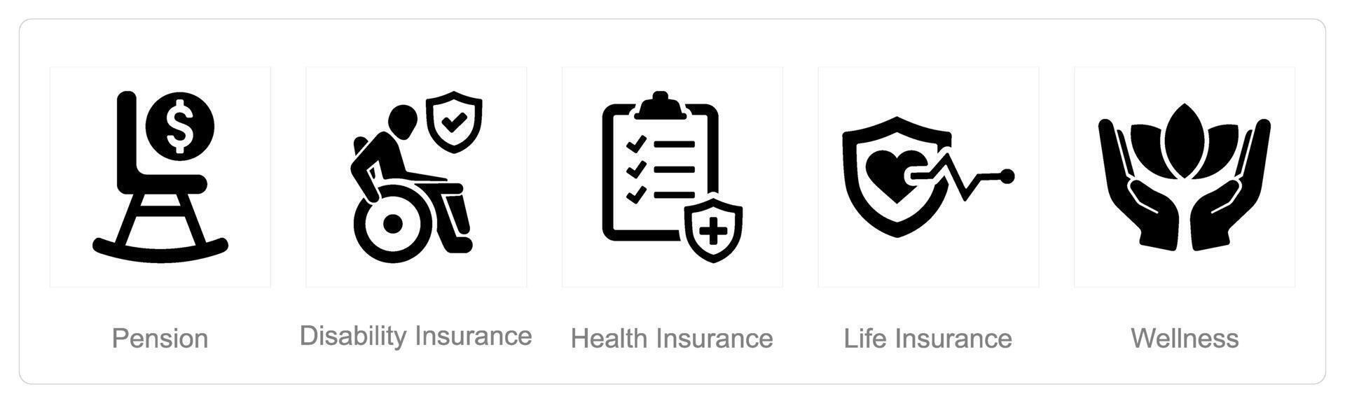A set of 5 Employee Benefits icons as pension, disability insurance, health insurance vector