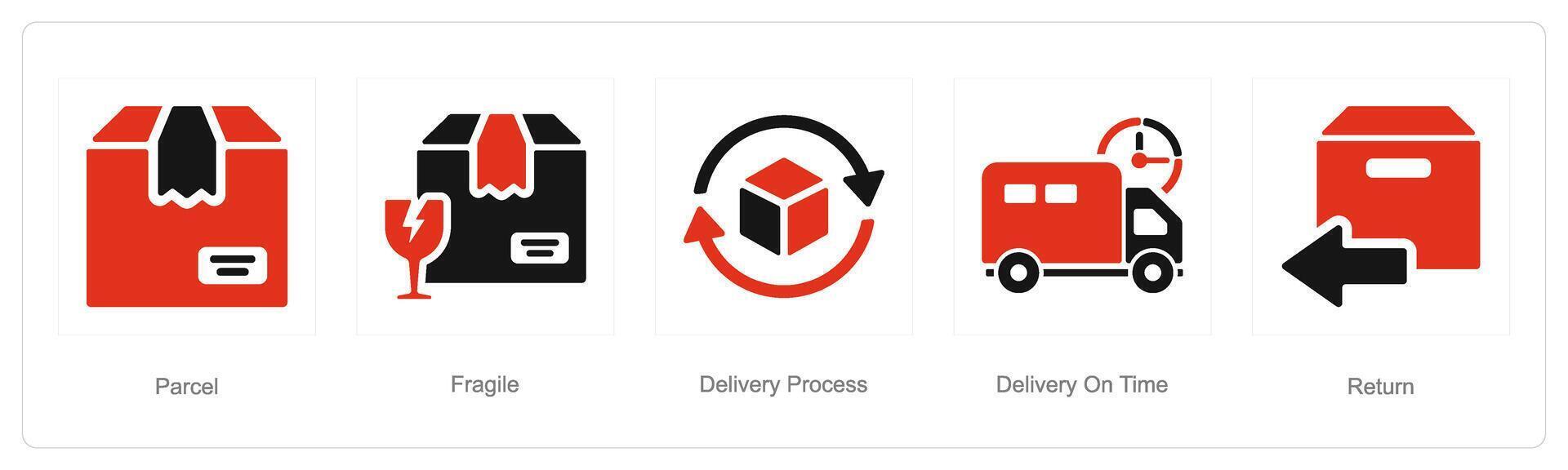 A set of 5 delivery icons as parcel, fragile, delivery process vector