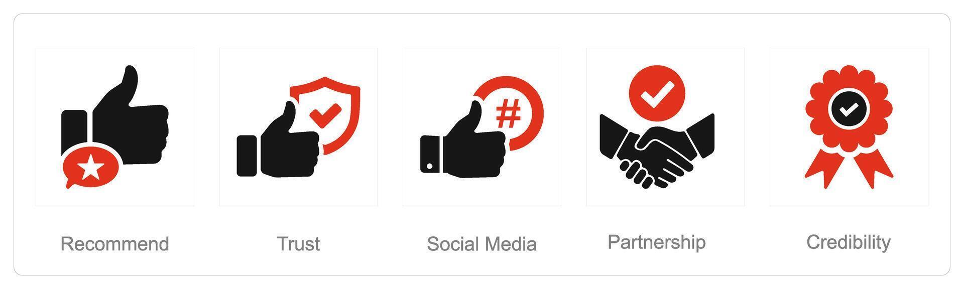 A set of 5 Influencer icons as recommend, trust, social media vector