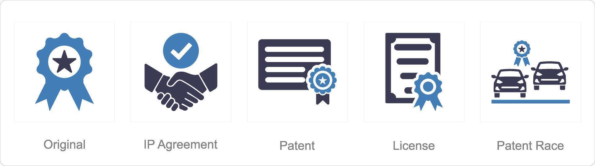 A set of 5 Intellectual Property icons as original, ip agreement, patent vector