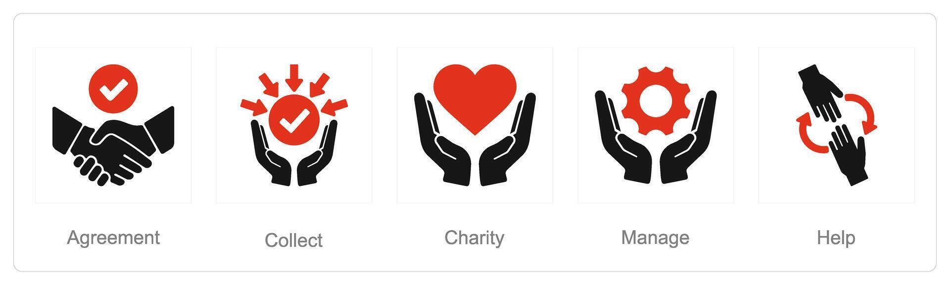 A set of 5 Hands icons as agreement, collect, charity vector