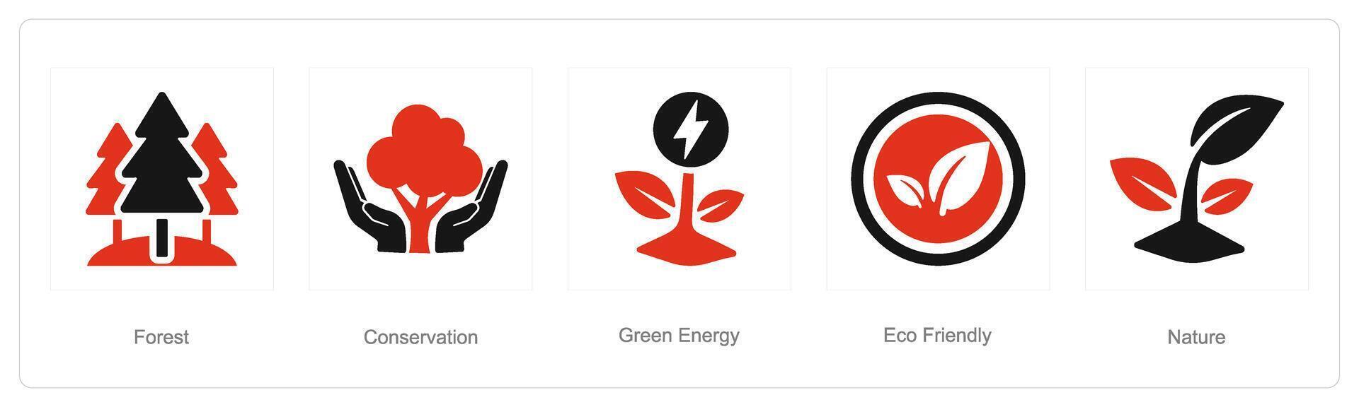 A set of 5 ecology icons as forest, conservation, green energy vector