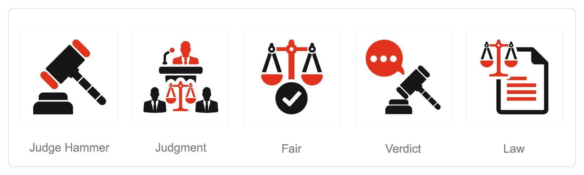 A set of 5 Justice icons as judge hammer, judgement, fair vector