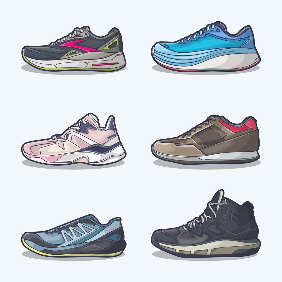 conjunto colección de zapato dibujos animados icono, vector concepto plano diseño. vector ilustración zapatillas en plano estilo. vector zapatilla de deporte Zapatos lado vista.