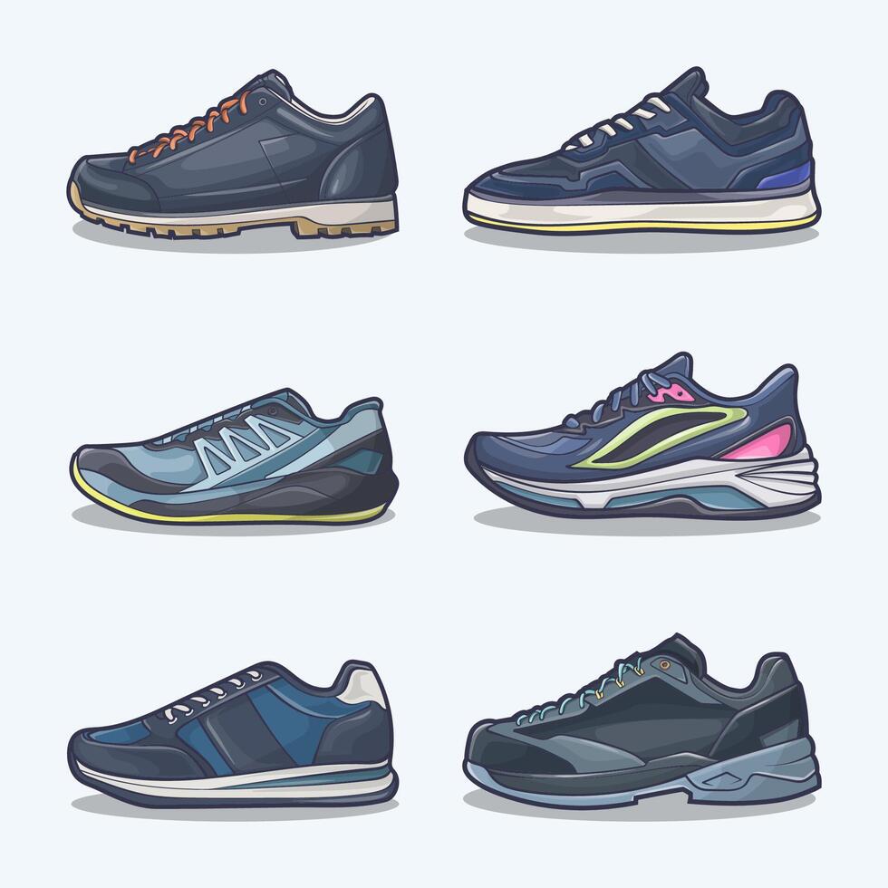 Set collection of shoe cartoon icon, Vector Concept Flat design. Vector illustration Sneakers in flat style. vector sneaker shoes side view.