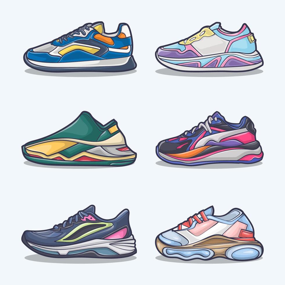 conjunto colección de zapato dibujos animados icono, vector concepto plano diseño. vector ilustración zapatillas en plano estilo. vector zapatilla de deporte Zapatos lado vista.