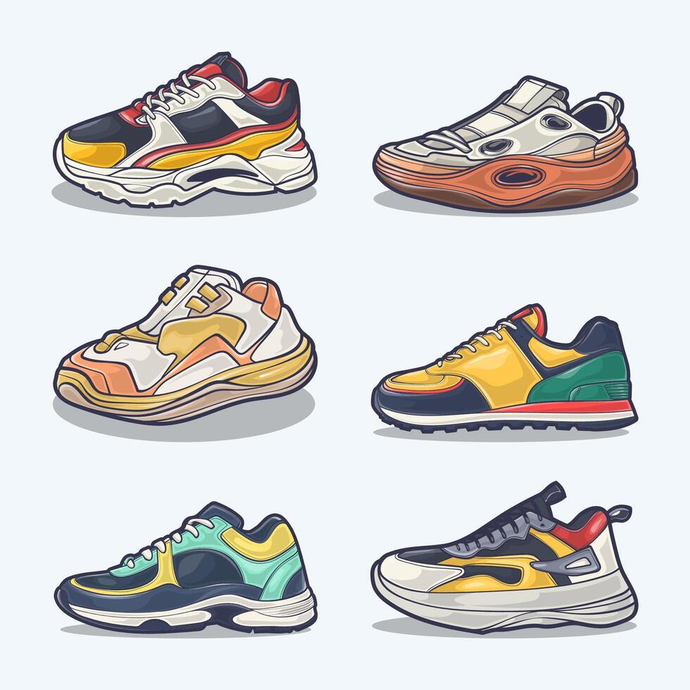 Set collection of shoe cartoon icon, Vector Concept Flat design. Vector illustration Sneakers in flat style. vector sneaker shoes side view.