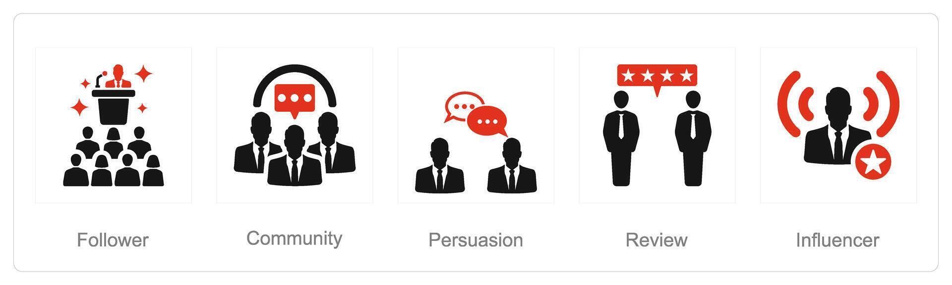 A set of 5 Influencer icons as follower, community, persuasion vector