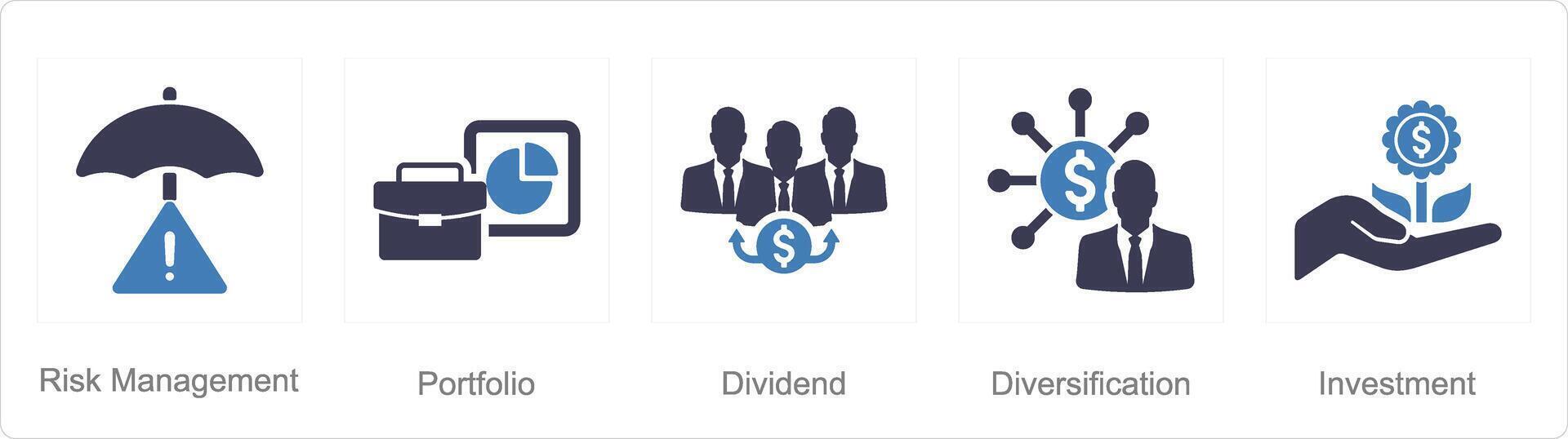 un conjunto de 5 5 inversión íconos como riesgo gestión, portafolio, dividendo vector