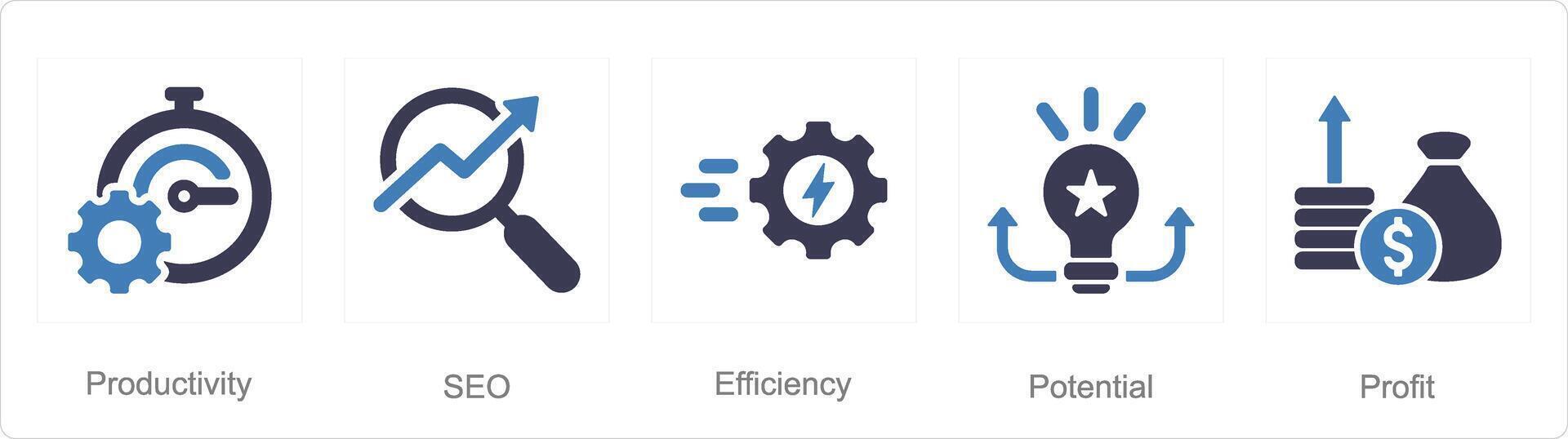 un conjunto de 5 5 incrementar rebaja íconos como productividad, SEO, eficiencia vector