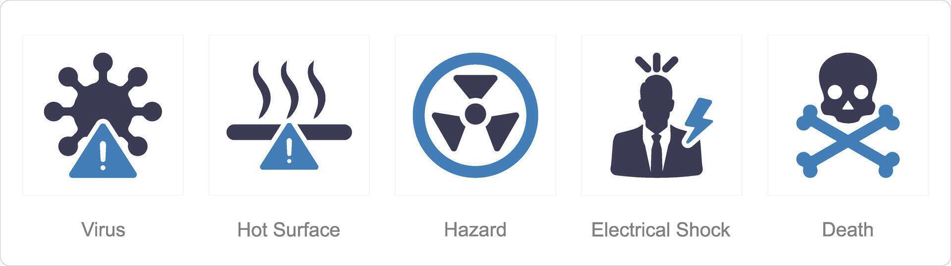 A set of 5 Hazard Danger icons as virus, hot surface, hazard vector