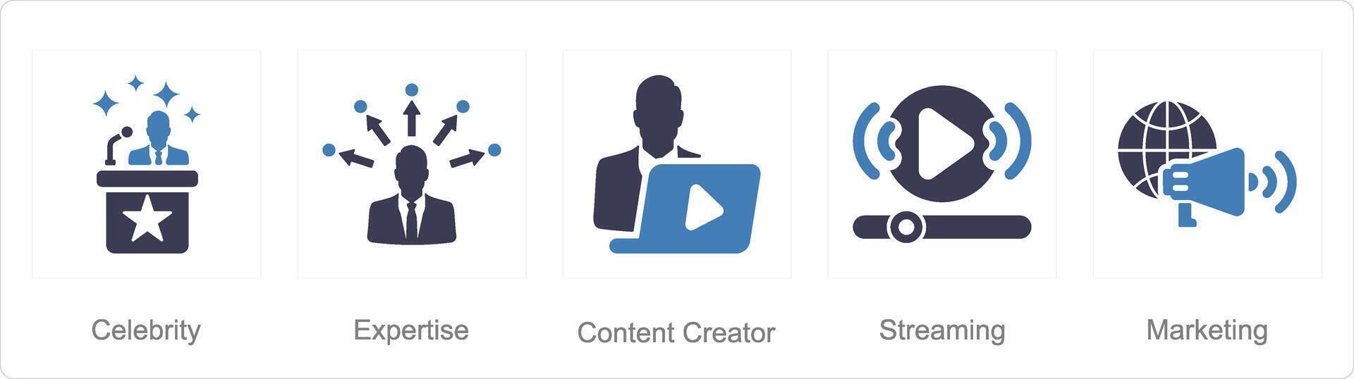 A set of 5 Influencer icons as celebrity, expertise, content creator vector