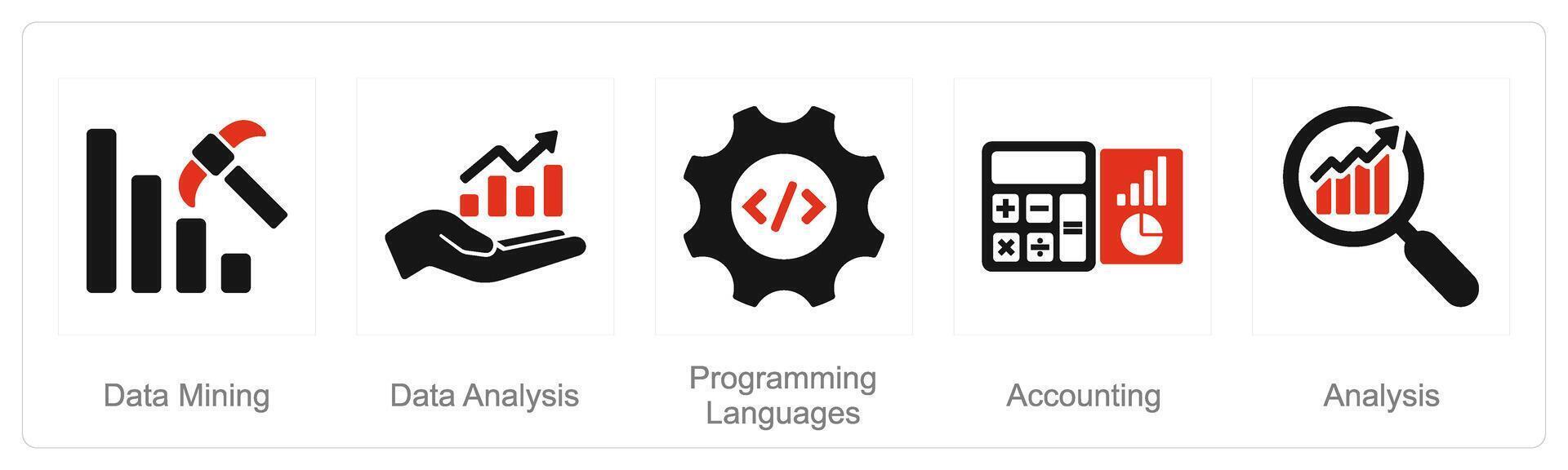 A set of 5 Hard Skills icons as data mining, data analysis, programming languages vector