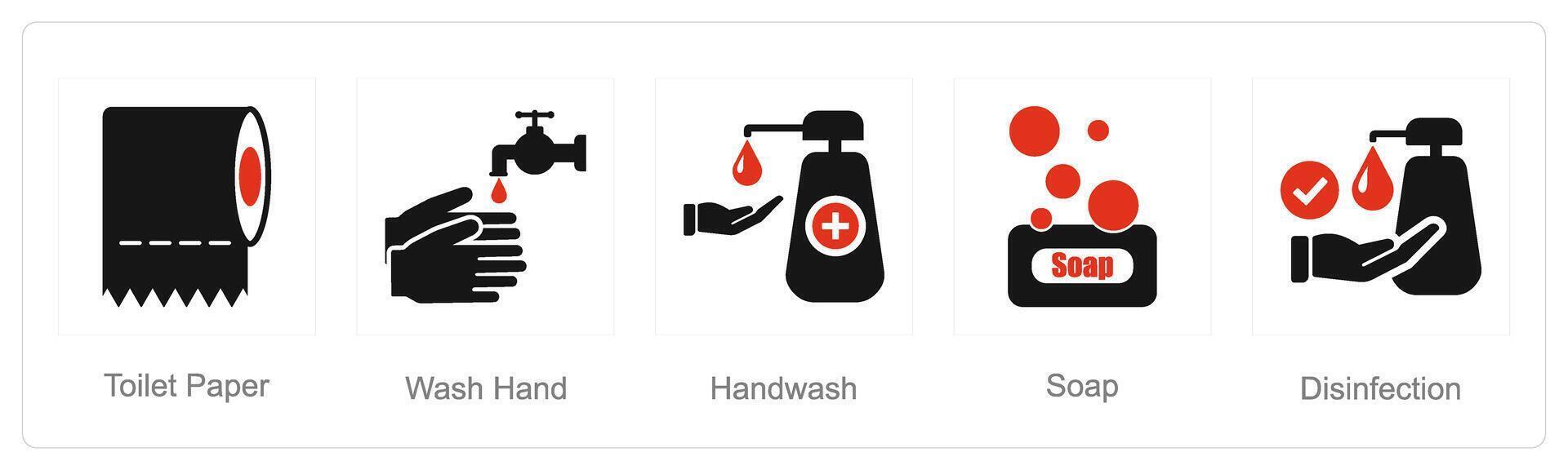A set of 5 Hygiene icons as toilet paper, wash hand, hand wash vector