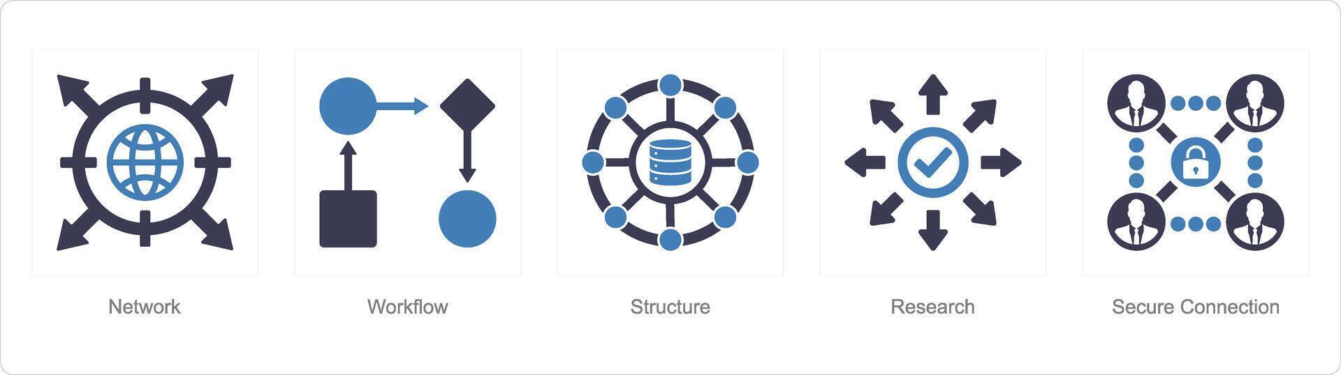 A set of 5 Data analysis icons as network, workflow, structure vector
