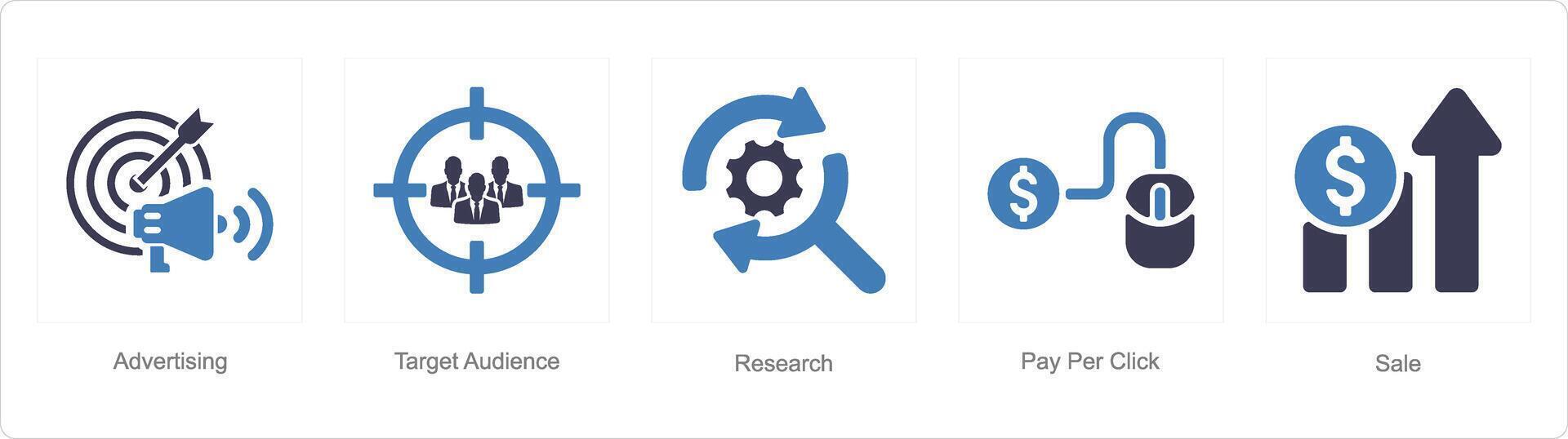 A set of 5 Digital Marketing icons as advertising, target audience, research vector