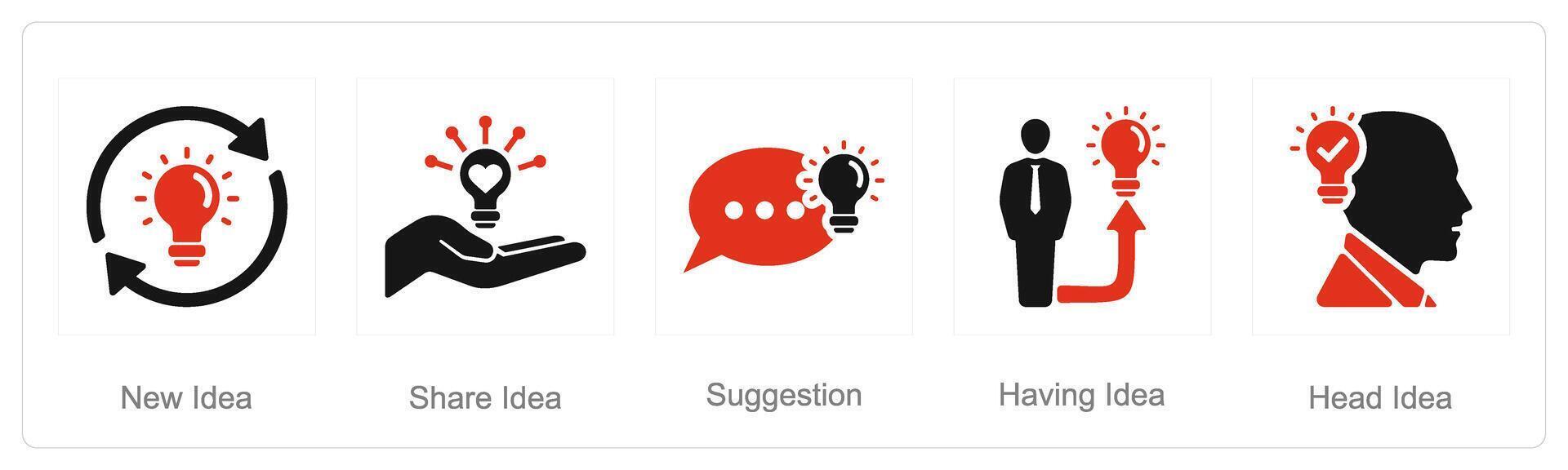 A set of 5 Idea icons as new idea, share idea, suggestion vector