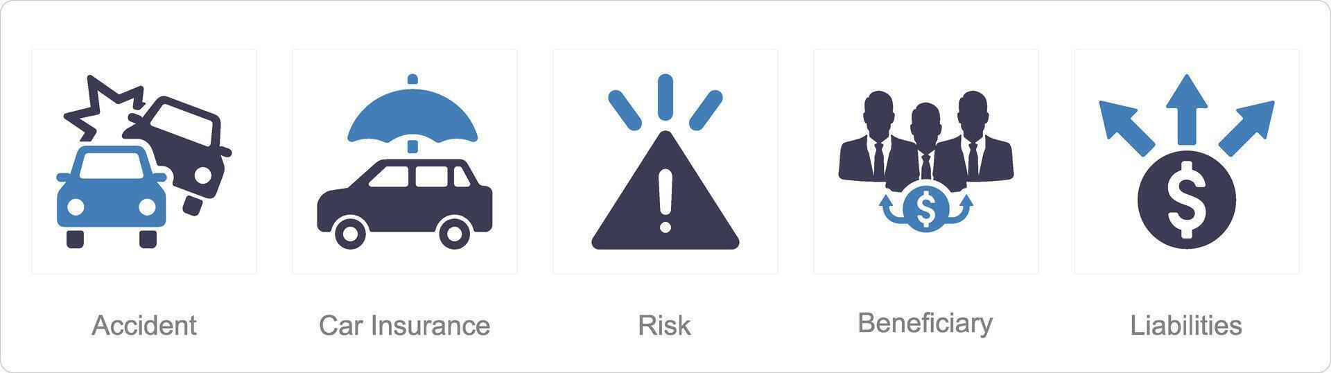 A set of 5 Insurance icons as accident, car insurance, risk vector