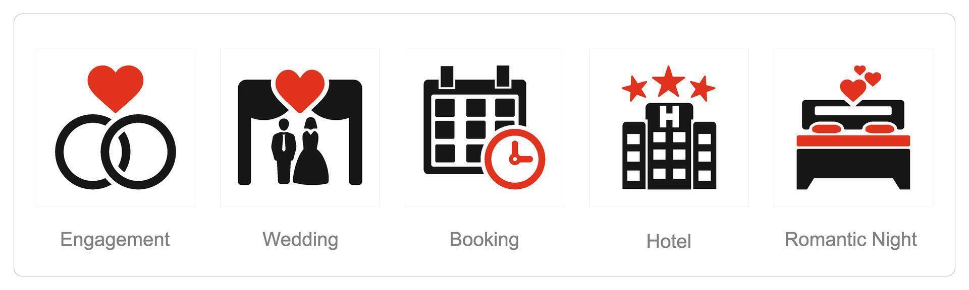 A set of 5 Honeymoon icons as engagement, wedding, booking vector