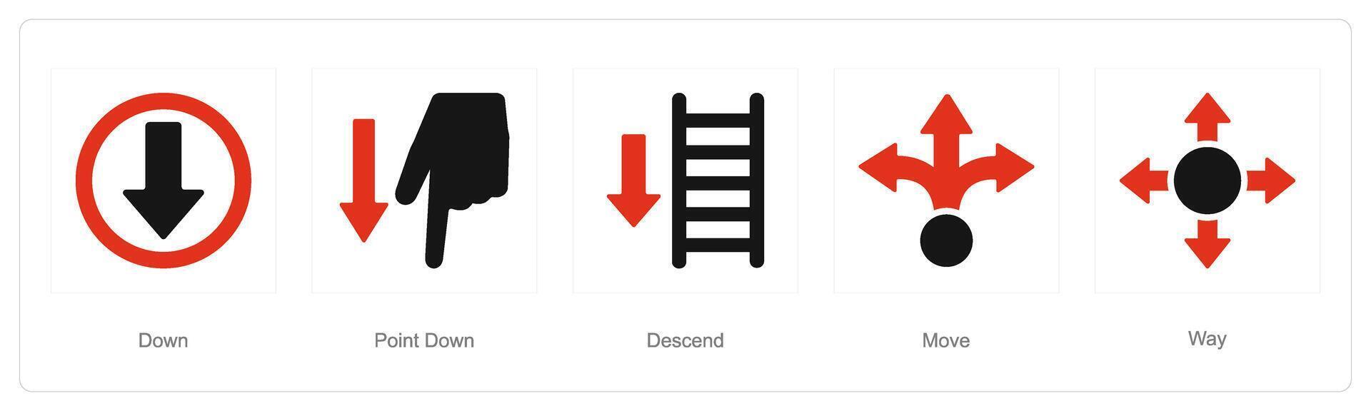 un conjunto de 5 5 dirección íconos como abajo, punto abajo, descender vector