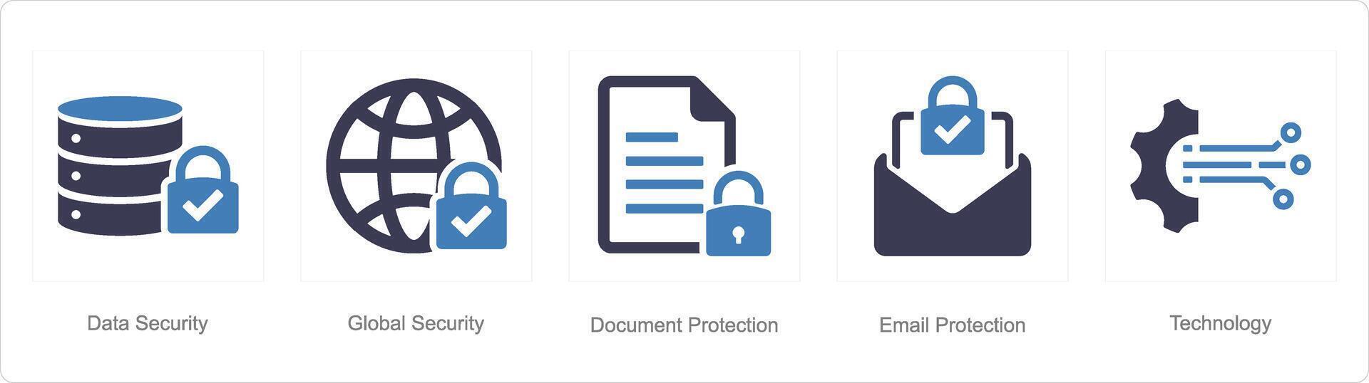 A set of 5 Cyber Security icons as data security, global security, document protection vector